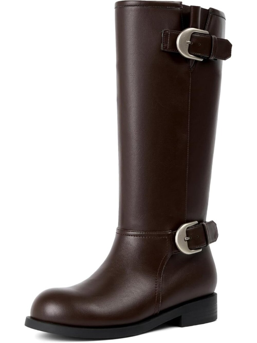 🆕Women's Dark Brown Knee High Boots Round Toe Low Block Heel Combat Tall Boots